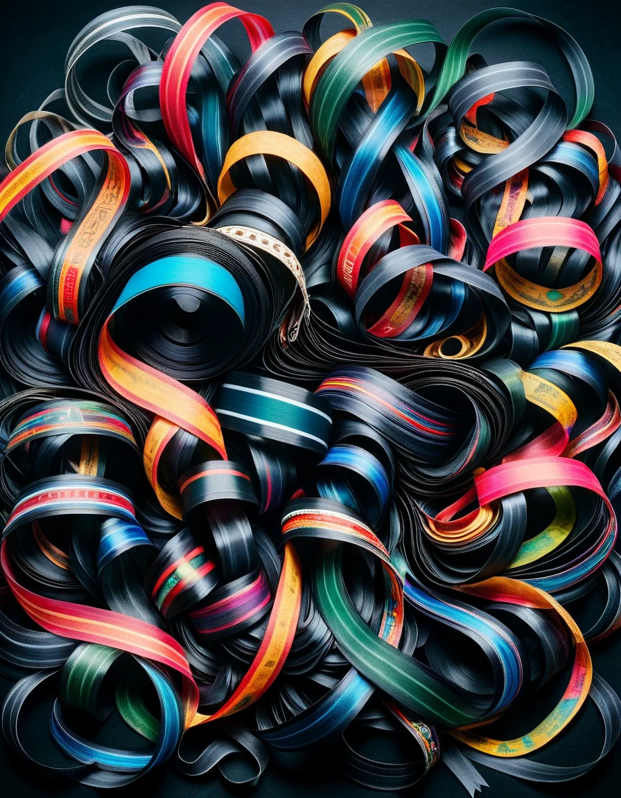 On pale black paper, Mesmerizing "The ral-vynlrcrdz of Ribbons", Foggy conditions, Wide view, Overdetailed art, L USM, <lora:ral-vynlrcrdz:1>, colorful, deep aesthetic, illustrious quality, holy, background inspired, dynamic dramatic beautiful full taking, fine artistic composition, complex, inspired