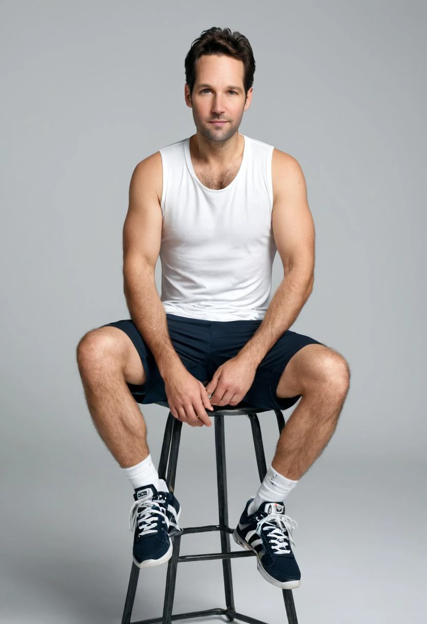 Paul Rudd a man <lora:Paul-Rudd:1>, wearing a tanktop and shorts and sneakers, fashion photography, editorial, gq magazine, relaxed confident expression, sitting on a stool, posing against a white background, 8k, ultra-realistic,  highly detailed,