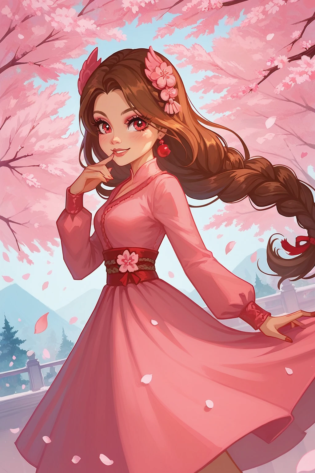 score_9, score_8_up, score_8, <lora:mh:1>, monsterhigh, 1girl, solo, long hair, dress, smile, braid, brown hair, long sleeves, red eyes, looking at viewer, outdoors, cherry blossoms, pink dress, petals, tree, spring \(season\),