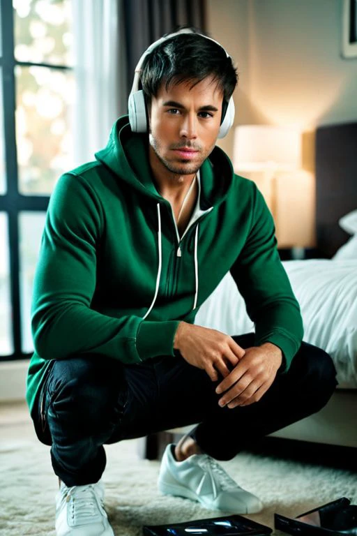 breathtaking cinematic photo masterpiece,highest quality,perfect quality, Enrique Iglesias a man <lora:Enrique-Iglesias:1>, wearing a green hoddie,squatting on ground,(wearing a wireless white headphones:1.5),holding gampad,in the bedroom,looking at the camera,cozy scene,35mm photograph,film,bokeh,professional,4k,highly detailed . award-winning,professional,highly detailed,. 35mm photograph,film,bokeh,professional,4k,highly detailed . award-winning,professional,highly detailed,