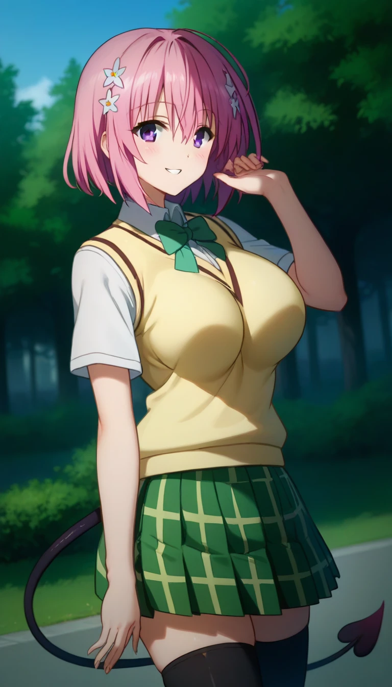 score_9,score_8_up,score_7_up,score_6_up BREAK official art,solo,outdoors,cowboy shot,looking at viewer,facing viewer,smile,blush,Momo Belia Deviluke,pink hair,hair ornament,hair flower,hair between eyes,bangs,purple eyes,school uniform,sweater vest,yellow vest,white shirt,collared shirt,green bowtie,short sleeves,large breasts,miniskirt,green skirt,plaid skirt,pleated skirt,demon tail,zettai ryouiki,black thighhighs,loafers,<lora:Momo Belia Deviluke(tlr)-Pony:1.6>,