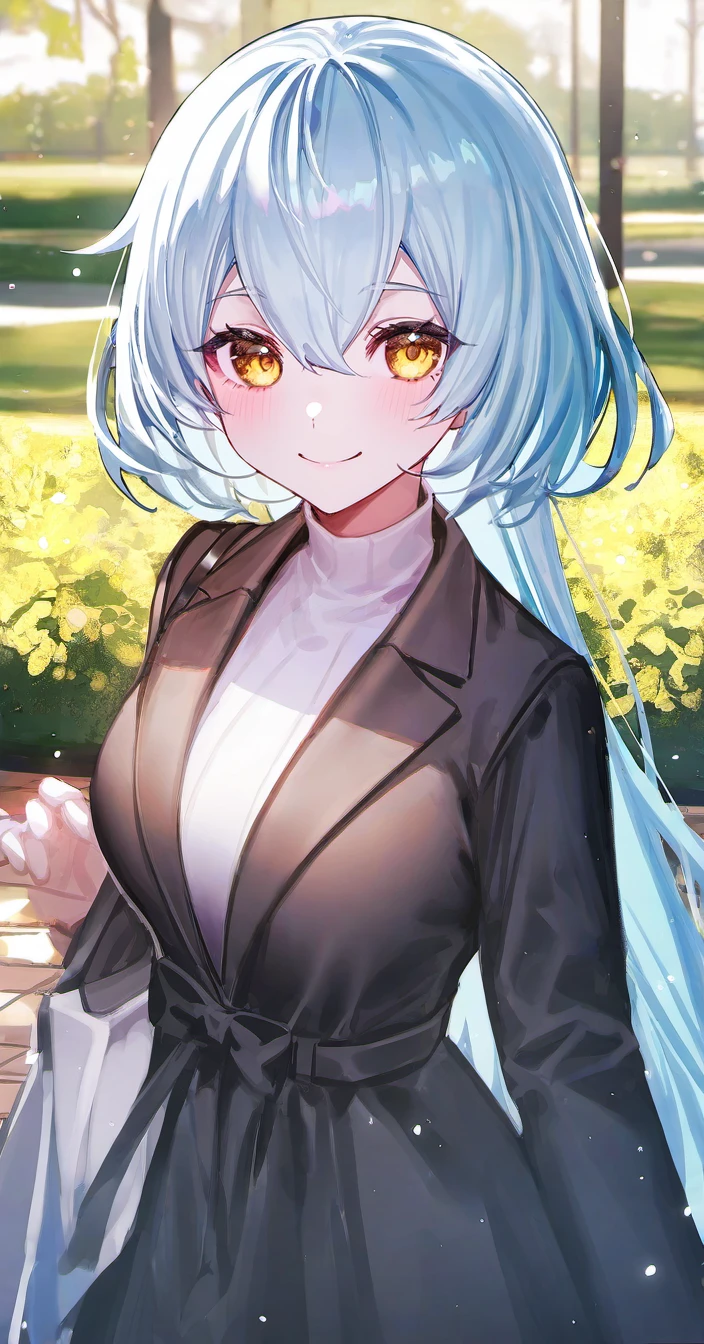 kuragecut,1girl,solo,blush,smile,((bob_cut,very long hair, long hair)),looking at viewer, light blue hair , upper body ,breasts,large breasts ,facing viewer , hair between eyes, yellow eyes , outdoors,park,coat,shirt, best_quality,masterpiece,modern
<lora:kuragecut_v1_illustrious_xl:1>,reoen, liduke, eboda-x, yuyumu, (ningen mame:0.907), ciloranko, noyu \(noyu23386566\), morikura en,