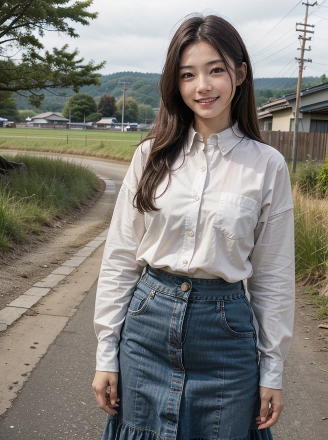 <lora:ReaLora:0.5> (realistic, photorealistic:1.37),
1girl, asian, looking at viewer, smile, cute japanese female,
cowboy shot, standing, (long sleeves, oversized shirt, long skirt:1.2),
<lora:JP_Countryside-v1:0.6> jpcs, outdoors, path