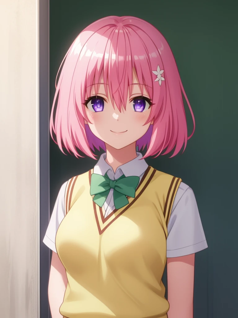 ((masterpiece)),(best quality),official art,extremely delicate and beautiful,extremely detailed CG,unity 8k wallpaper,ultra detailed,beautiful detailed eyes,extremely detailed face,outdoors,1girl,solo,upper body,(portrait:1.5),looking at viewer,facing viewer,smile,blush,short hair,Momo Belia Deviluke,pink hair,hair ornament,hair flower,hair between eyes,bangs,purple eyes,school uniform,sweater vest,yellow vest,white shirt,collared shirt,green bowtie,short sleeves,large breasts,miniskirt,green skirt,plaid skirt,pleated skirt,demon tail,zettai ryouiki,black thighhighs,loafers,<lora:Momo Belia Deviluke(tlr):1.6>,