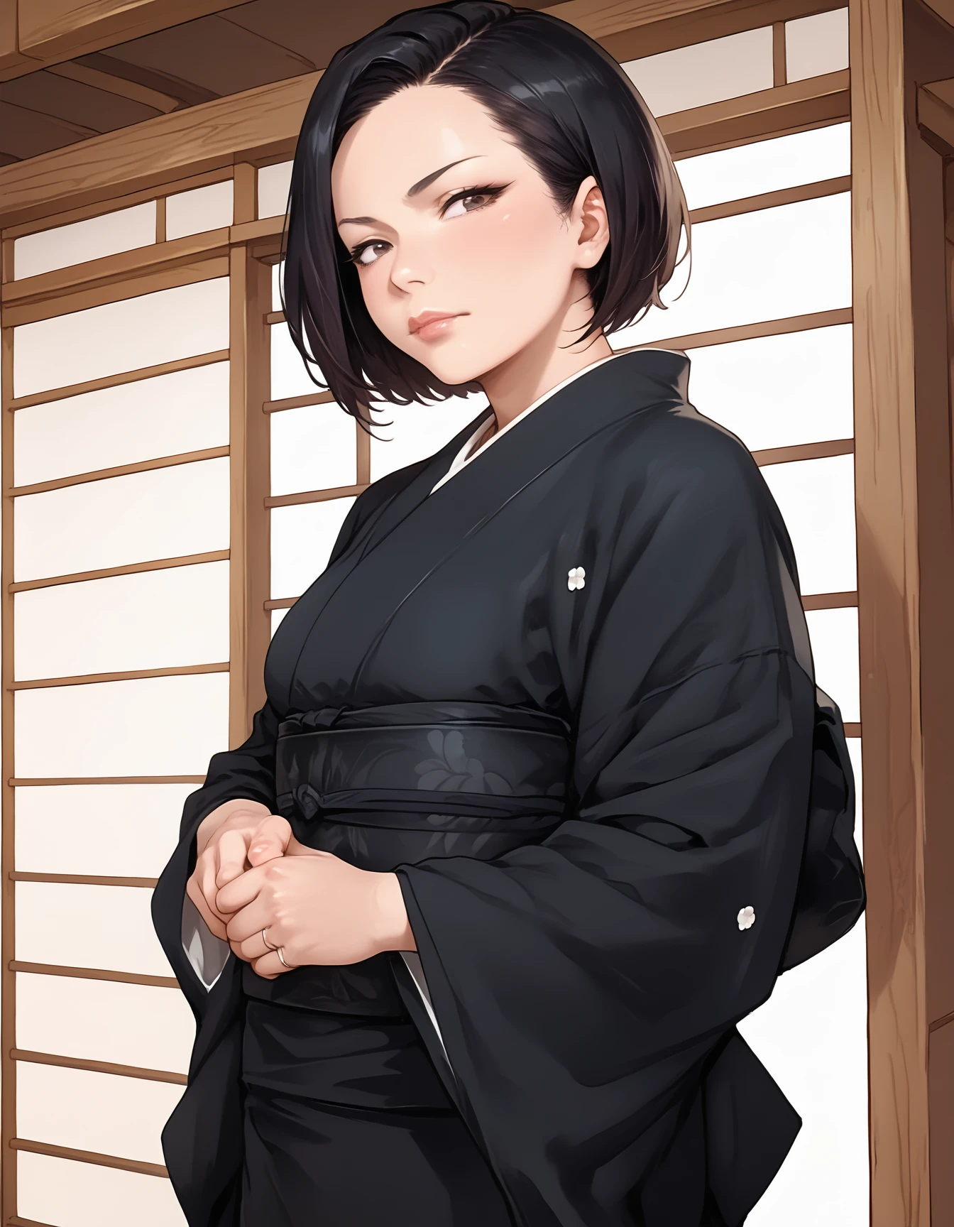 score_9, score_8_up, score_7_up, score_6_up, score_5_up, score_4_up, zPDXL2,source_anime,rating_questionable,
KimonoMourningCothes, 1girl, japanese clothes, black kimono, sash, short hair, obi, realistic, lips,indoor <lora:BDpony_KimonoMourningCothes_V1-17136:1>, Unhappy, female forcus, Topknot