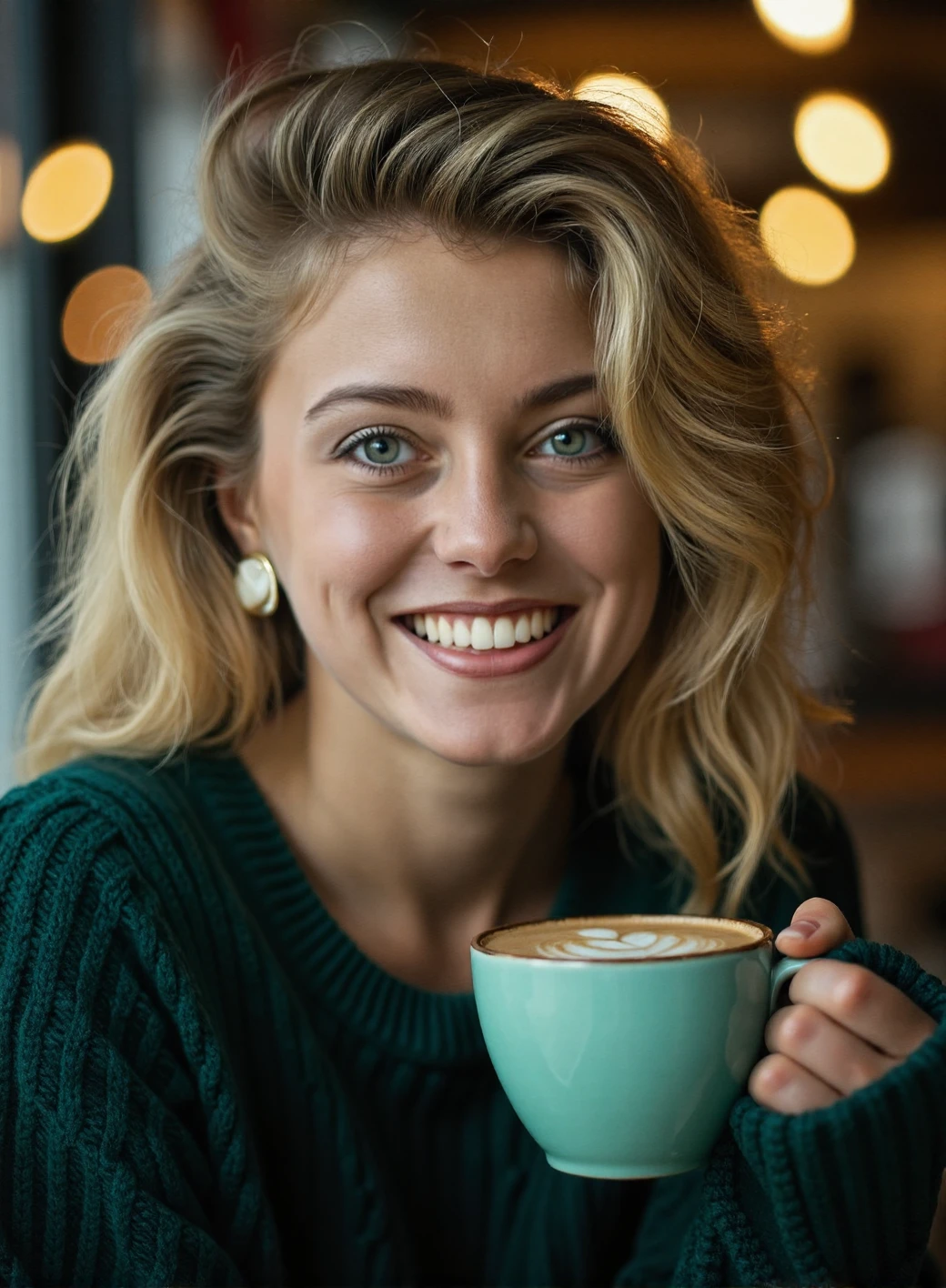 A professional photograph of a young woman, Helen_Labdon with blonde hair, wearing a dark green cable-knit sweater, holding a latte in a cafe, detailed skin, bokeh, female focus, SFW <lora:Helen_Labdon:1>