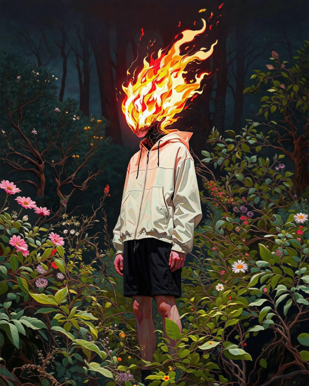 db4rz style, person with head replaced by flames, standing in the middle of dense foliage with various plants and flowers, wearing a light-colored jacket and black shorts, dark background with hints of trees and plants.
