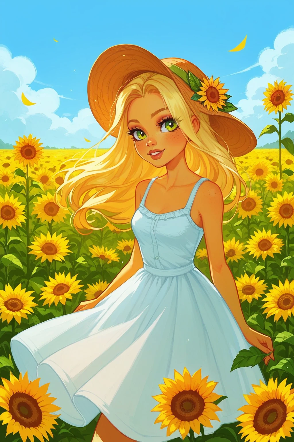 score_9, score_8_up, score_8, <lora:mh:1>, monsterhigh, 1girl, solo, outdoors, flower, sunflower, flower field, sundress,