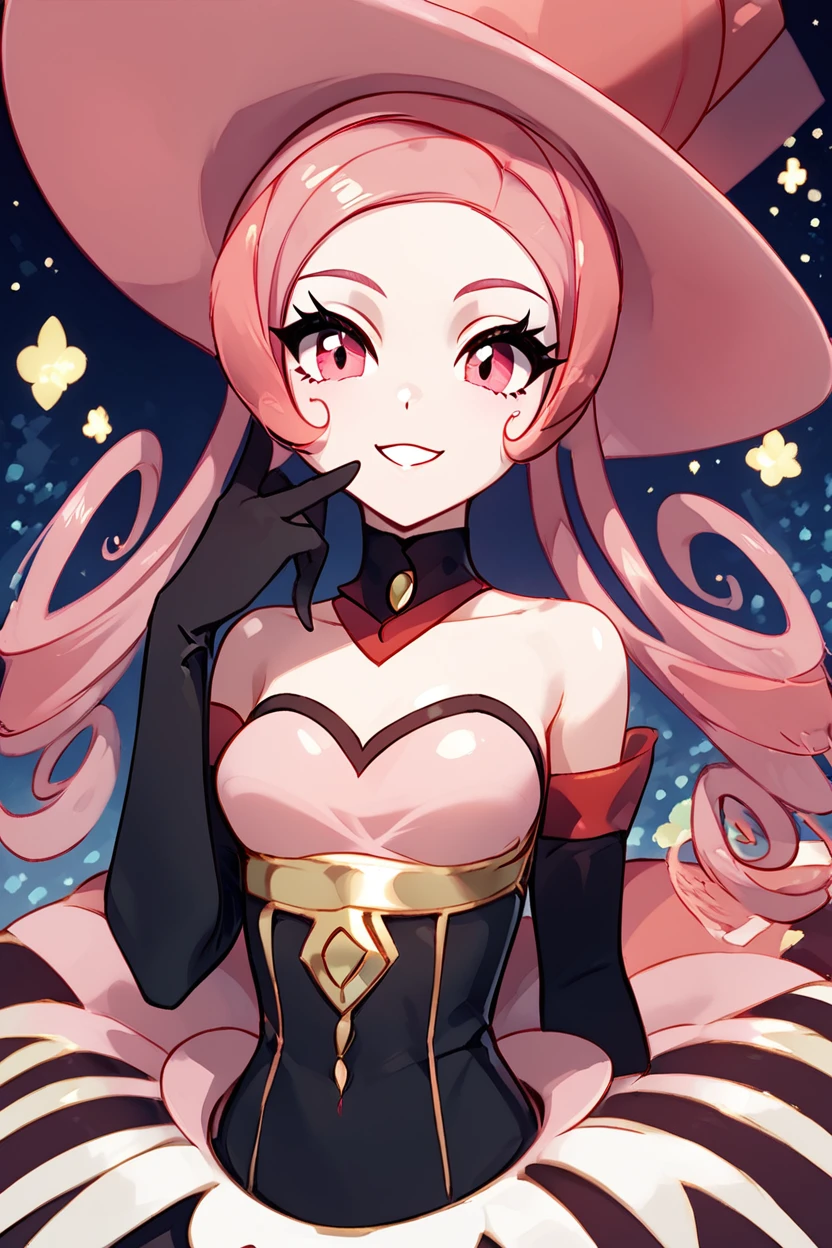 score_9, score_8_up, score_8, medium breasts, (curvy), cute, eyelashes,       ,,, , ,,,  zzDana, pink eyes, curly hair, long hair, pink hair, pink dress, elbow gloves, bare shoulders, black gloves, pink hat,  <lora:Dana_Pokemon_PDXL:1.0>,    ,,,, BREAK, ,,, upper body, smile, looking at viewer, ,,, shiny skin, <lora:ProAnime_PDXL_v1:0.8>, night, soft shadows, moonlight reflecting off skin, whisper of wind, ,,, embedding:zPDXL, Expressiveh, <lora:SDXLFaeTastic2400:0.5>, <lora:Expressive_H-000001:0.4>,