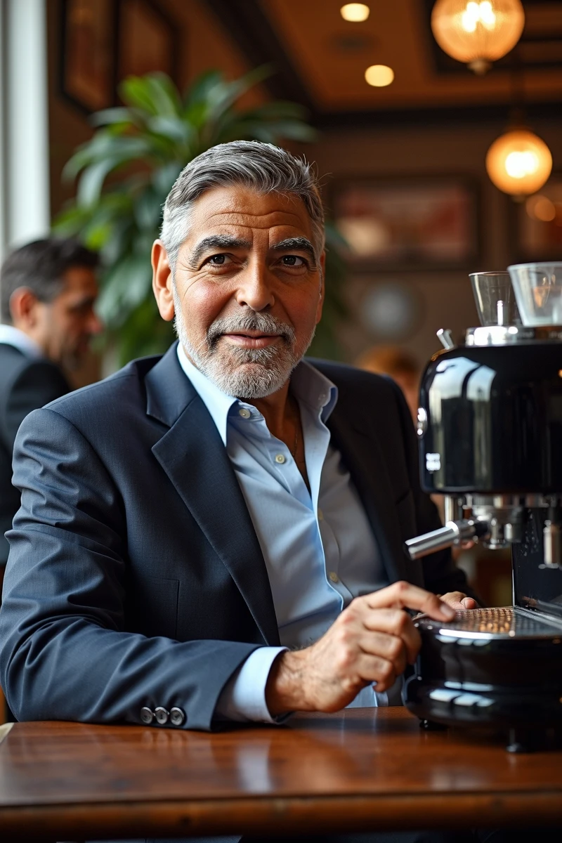 A 49 yo man (george clooney) sitting in a (retro style  cafe) ,lifelike  face in focus, with couches and coffee mashines , shaved beard , confident happy eye contact , teasing the viwer, ultra high detailed skin texture, delicate face contours , weare a suit , cloogeo, touching a historic old but working coffee machinee, correct anatomie when it comes to fingers and body posture, modern short hair with style,