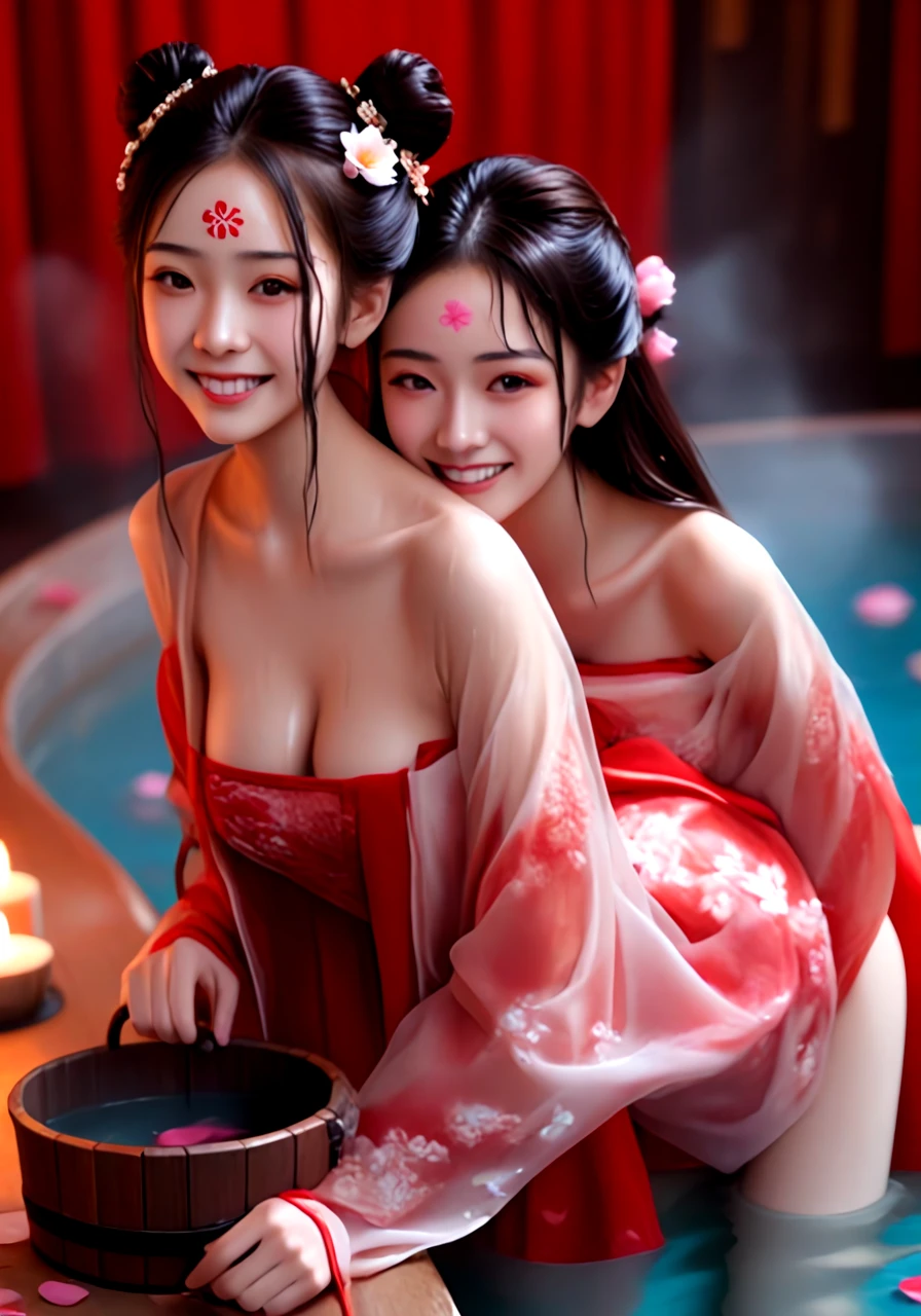 Two petite javanese girl, touching each other body, small tits, small breast, wide waist, skinny, slim, beautiful, perfect, white hijab, topless, crotchless, nipple slip, pink nipples, more body jewelry, seductive smile, horny, lewd, in onsen