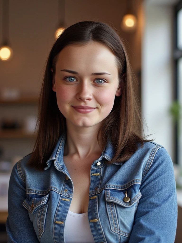 <lora:alexis-bledel:1> female at a cafe, wearing jean jacket