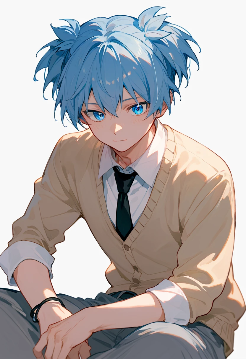 score_9, score_8_up, score_7_up, simple background, white background,  <lora:nagisa01-000014:1>, nagisa, 1 boy, blue hair, blue eyes, short twintails, hairband on wrist, white shirt, collared shirt, black tie, cardigan, grey pants,