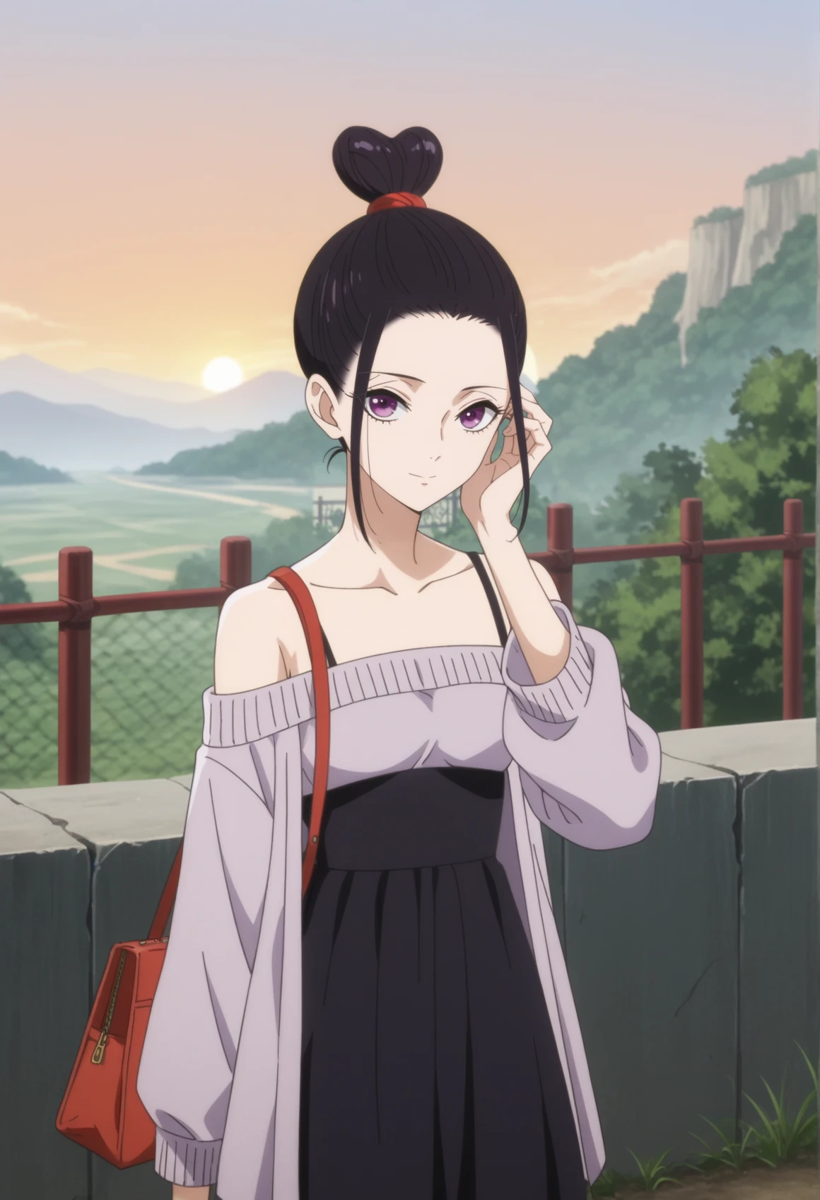 1girl, black hair, purple eyes, sielocks, single hair bun, sweater, bare shoulders, bag, light smile, outdoors, fence, cliff, sunset, looking at viewer, hand on hair, anime screencap <lora:raven_inner_palace:0.8>, score_9, score_8_up, score_7_up, score_6_up, score_5_up, score_4_up, BREAK source_anime, masterpiece