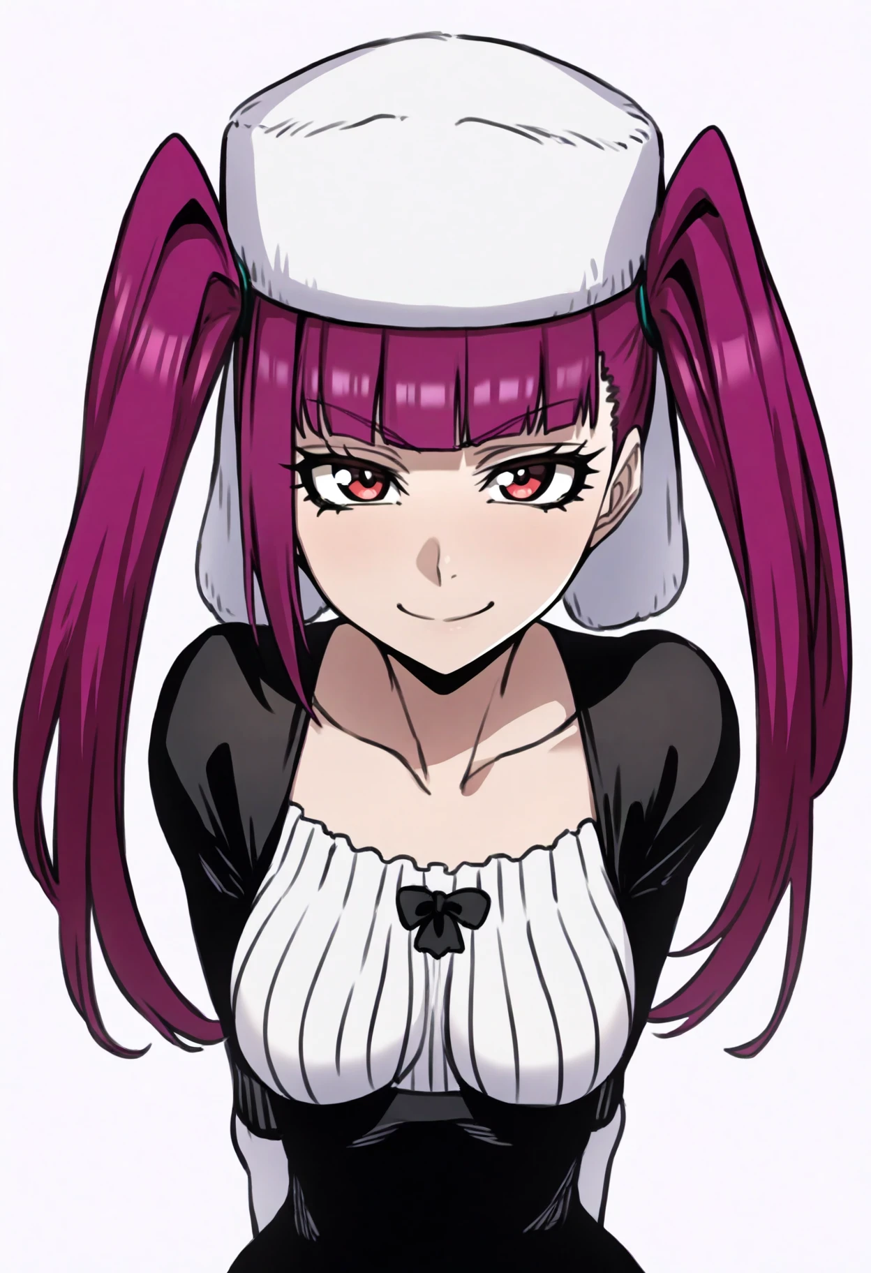 best quality, amazing quality, very aesthetic, absurdres,
1girl, rirukadokugamine, purple hair, twintails, long hair, red eyes,
dress, hat,
arms behind back, upper body, smile, solo, looking at viewer, simple background, white background   <lora:RirukaDokugamineIllustriousXL_byKonan:1>