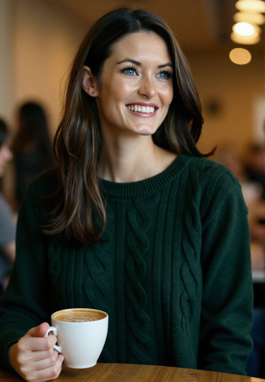 A 4K highly detailed professional photograph of a young brunette woman, Nikkala, wearing a dark green cable-knit sweater, holding a latte in a cafe, detailed skin, bokeh, SFW <lora:Nikkala_Stott-000015:1>