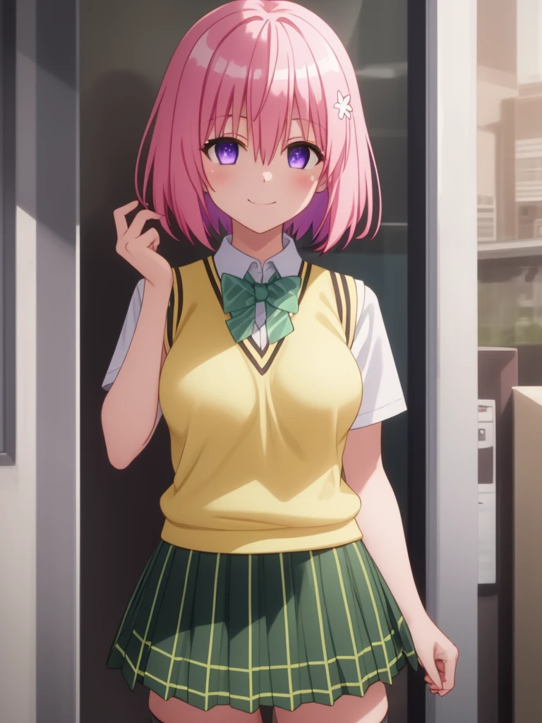 Momodebilke, Deviluke Type, demon tail, One person，Hair Flowers, hair ornaments, (Purple eyes:1.1), Pink Hair, short hair, tail, smile,最高masterpiece，Highest quality，
break demon tail, green skirt, Plaid, Plaid skirt, Sainan High , , skirt, Sweater vest, Knee socks, (Yellow Sweater:1.5), Short sleeve, bow, (green bow:1.5),
break indoors, classroom,
break looking at viewer, (Cowboy Shot:1.5),
break (masterpiece:1.2), Highest quality, High resolution, unity 8k wallpaper, (figure:0.8), (beautiful detailed eyes:1.6), extremely detailed face, Perfect lighting, extremely detailed CG, (Perfect hands, Perfect Anatomy),