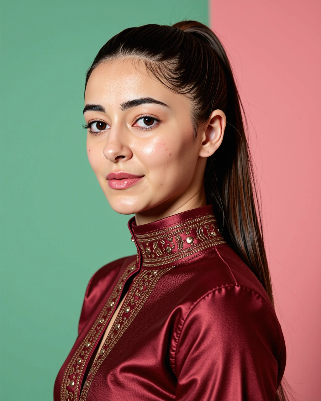 full body photo of Ananya Pandey woman,candid photo with natural colors, serious expression on face,studio quality, wearing intricate elegant conservative turtleneck Burgundy Patiala Suit, high ponytail, pastel shaded multicolored background, cinematic soft lighting<lora:TestBed\Ananya_Pandey_Flux_Kohya_V1.safetensors:0.8:0.8>