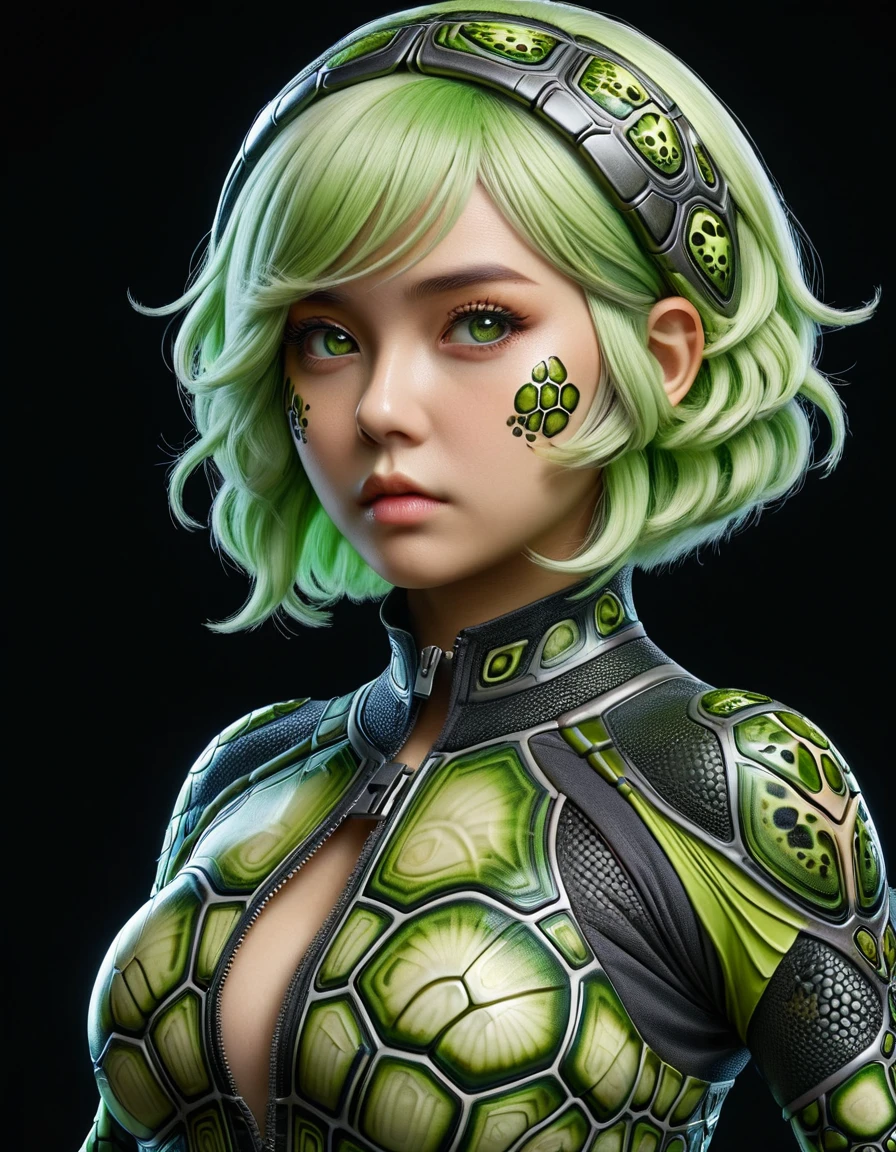 chubby (ral-trtlshl:1.3) , Young and Drop-dead gorgeous, mechanical, Tai chi, wearing Layered costume, The costume is zipped up, Fluid movement, she has Lime green hair, mundane Amphibian Eyes, in focus, Ultra Real, Dark, F/5, <lora:ral-trtlshl:1>, unique, luxurious sharp focus, deep rich colors, luxurious, ambient light, enhanced quality, intricate artistic color