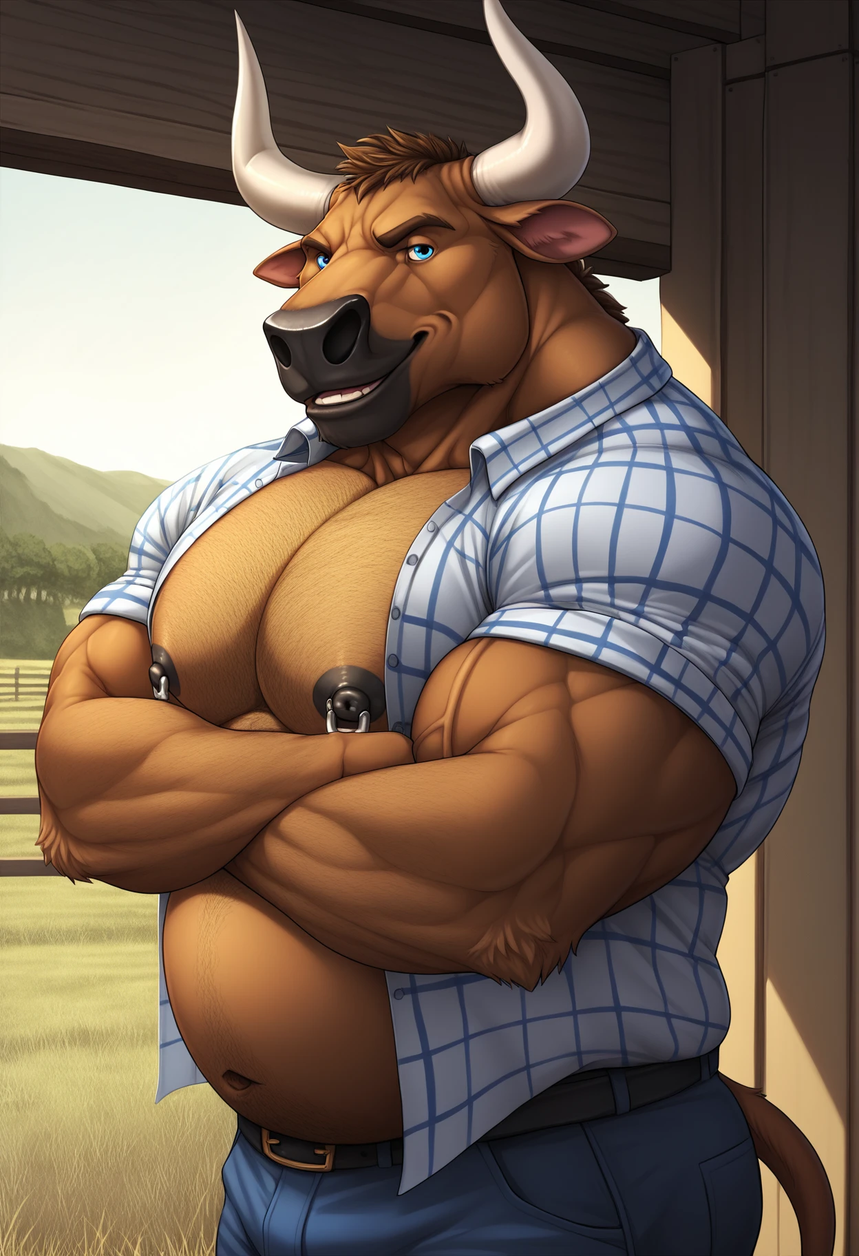 ((solo)), male, anthro, (bovine), ((naked)), (muscular, beefy, heavyweight, bodybuilder), by rov, by taran fiddler, by honovy, by personalami, (epic, masterpiece, high quality, correct anatomy:1.2), lips, standing, (farm background), (balls, foreskin), nipples, erection, cute, smile, ((mature male)), earrings