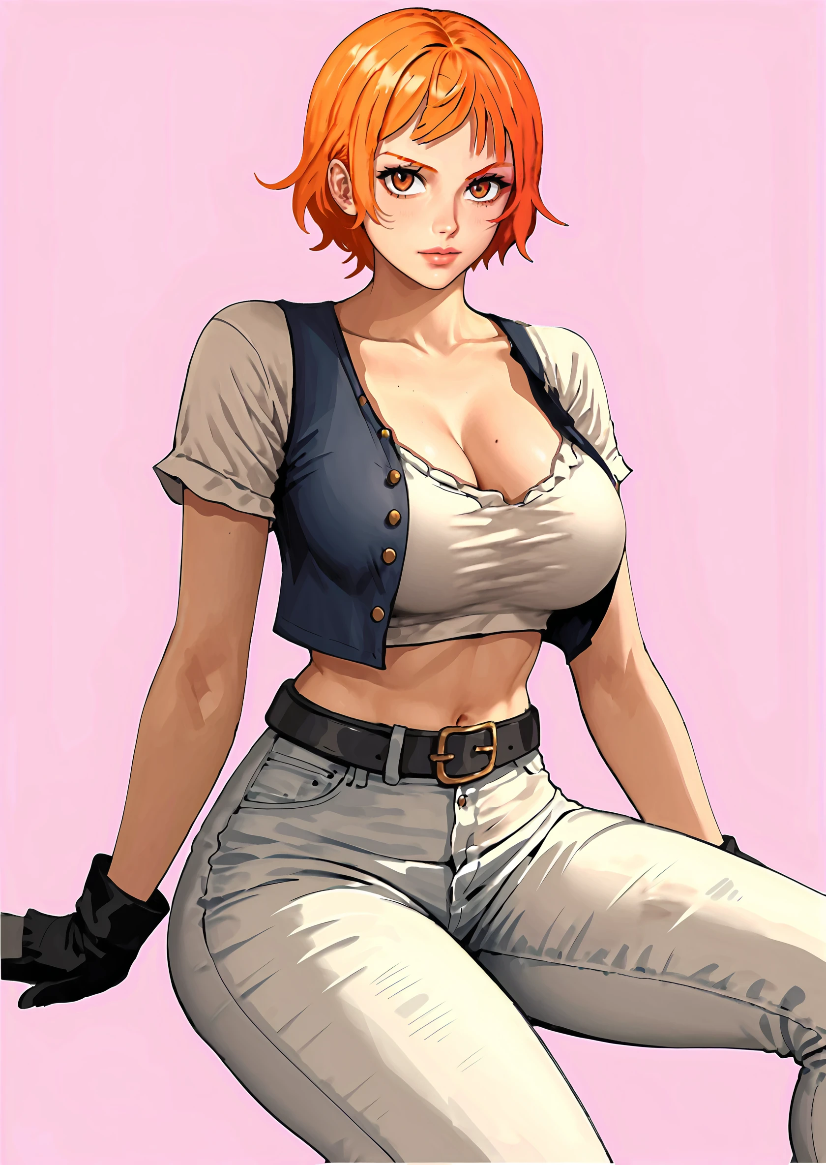 core_9, score_8_up, score_7_up, score_6_up, score_5_up, score_4_up, curvy, thick thighs, wide hips, huge breasts, <lora:Audrey_QN_style_-_NamiOrihime:0.9>, namiaudreyqn, 1girl, solo, breasts, looking at viewer, short hair, large breasts, simple background, shirt, gloves, cleavage, brown eyes, sitting, white shirt, short sleeves, black gloves, midriff, belt, pants, orange hair, vest, crop top, orange eyes, pink background, white pants, nami (one piece), BREAK source_anime