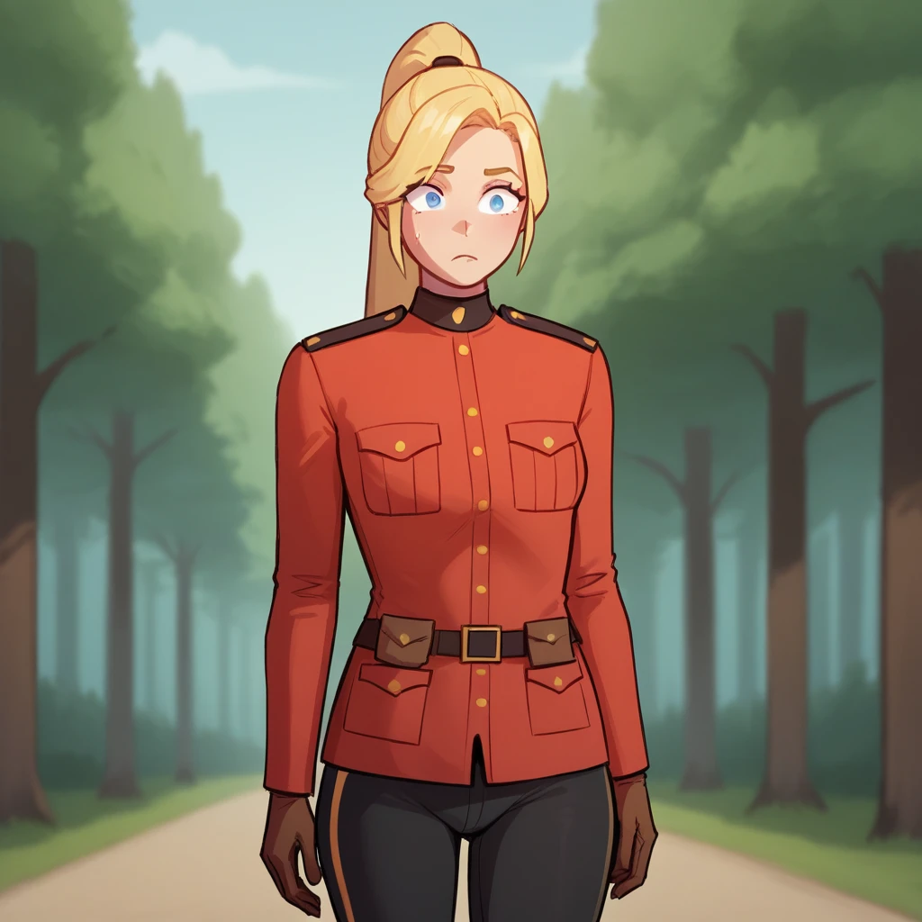 score_9_up, score_8_up, BREAK,  RCMP, 1girl, solo, blonde hair, high ponytail, blue eyes, uniform, red jacket, brown gloves, pants, cowboy shot, arms at sides,    <lora:RoyalCanadianMountedPolice_PXL_Leaf1:1>, outdoors, forest,