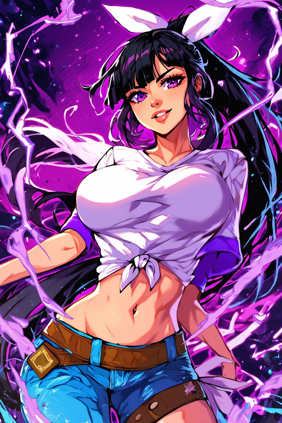 score_9, score_8_up, score_7_up, score_6_up, score_5_up, score_4_up,  1girl, looking at the viewer, asymmetrical clothes, navel, purple eyes, very long hair, tied shirt, midriff, hair ribbon, single pantsleg, white shirt, ponytail, black hair, large breasts, jeans, white ribbon, brown belt, purple hair, asymmetrical legwear ,<lora:ThatOnePanda_style:1>, thatonepanda_style, solo, alone, masterpiece, highres, aura