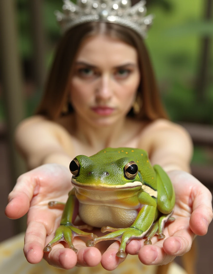 In a meticulously composed photograph, a vibrant KGR_HYLA_CINEREA_FLUX, the green treefrog, is prominently featured in outstretched open hands, its glistening emerald skin shimmering under the soft glow of natural light, and size slightly smaller than a human hand. The frog's round, curious eyes capture the viewerâs attention, reflecting a mixture of determination and tranquility amidst its surface. It is gently held out toward the viewer, as if inviting them into its enchanting world. In the blurred background, a very disappointed princess of twenty years old captures the scene's emotional depthâher delicate features softened by the haze, yet her furrowed brow and downturned lips convey a palpable sense of discontent. The princess's opulent gown, adorned with rich fabrics and intricate embroidery, contrasts sharply with the simplicity of the frog, the colors of her attire merging into the dreamy backdrop. She wears a jeweled crown of diamonds and other precious jewels on her head. The subtle play of light and shadow adds dimension to both subjects, creating a captivating interaction between the whimsical amphibian and the regal figure, invoking a sense of wonder and narrative curiosity within the photographic frame.
<lora:kgr-hyla-cinerea-flux-v01:1.2>
<lora:Human_Anatomy:0.6>
<lora:FLUX.1-Turbo-Alpha:1>