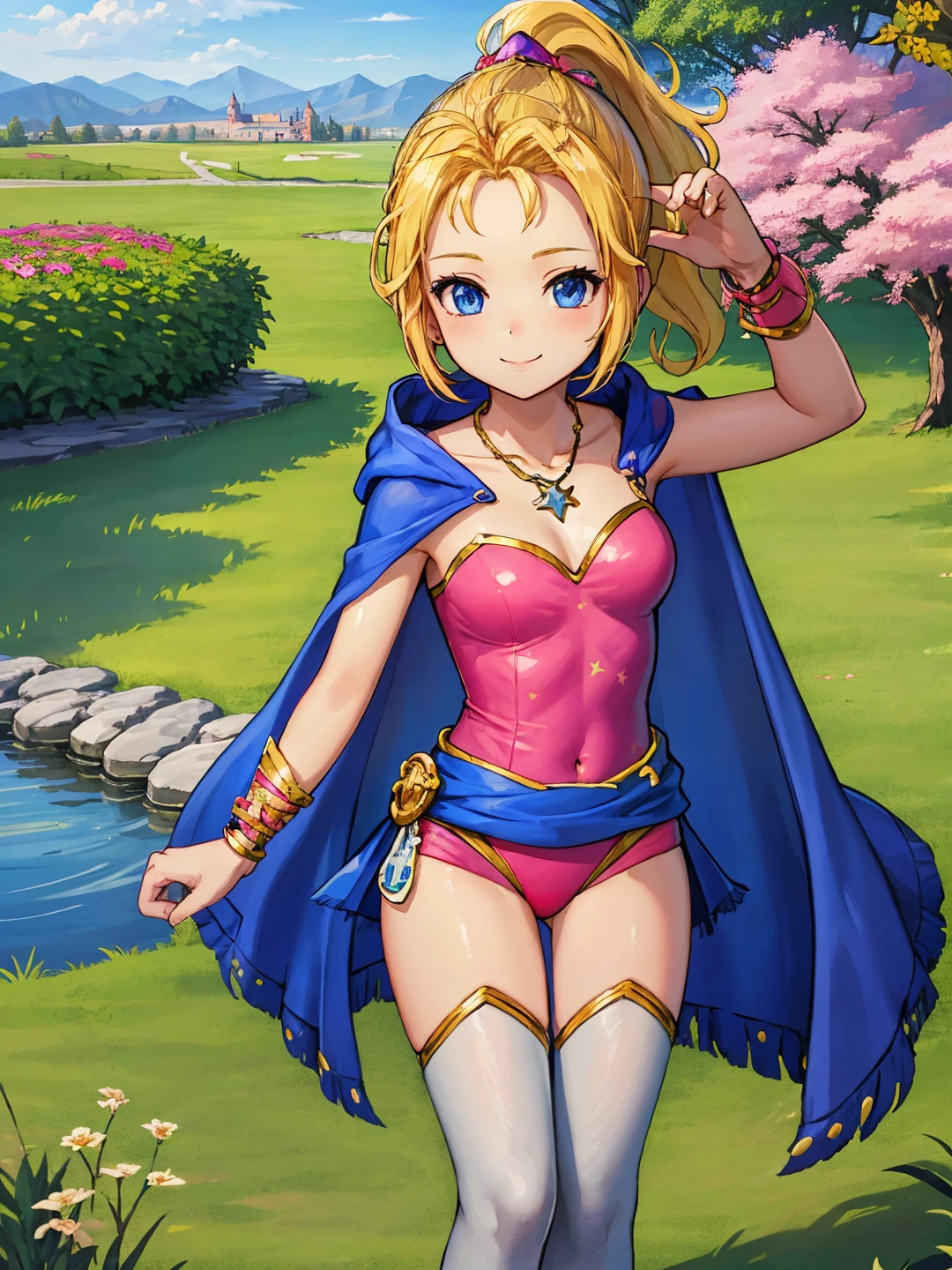 <lora:Kururu_Maia_Baldesion_0R:0.6>
ff5kururu, blonde hair, long hair, wavy hair, ponytail, blue eyes, hair ornament
pink leotard, star print, hood down, blue cloak, blue sarong, white thighhighs, jewelry, pendant
masterpiece, best quality, ultra-detailed, detailed, detailed skin, absurdres, 8k, digital art
1girl, solo, facing viewer, looking at viewer, standing, smile
(outdoors, fantasy, castle, tree, flower bed, grass, bush, stone floor, lake, sky, cloud)