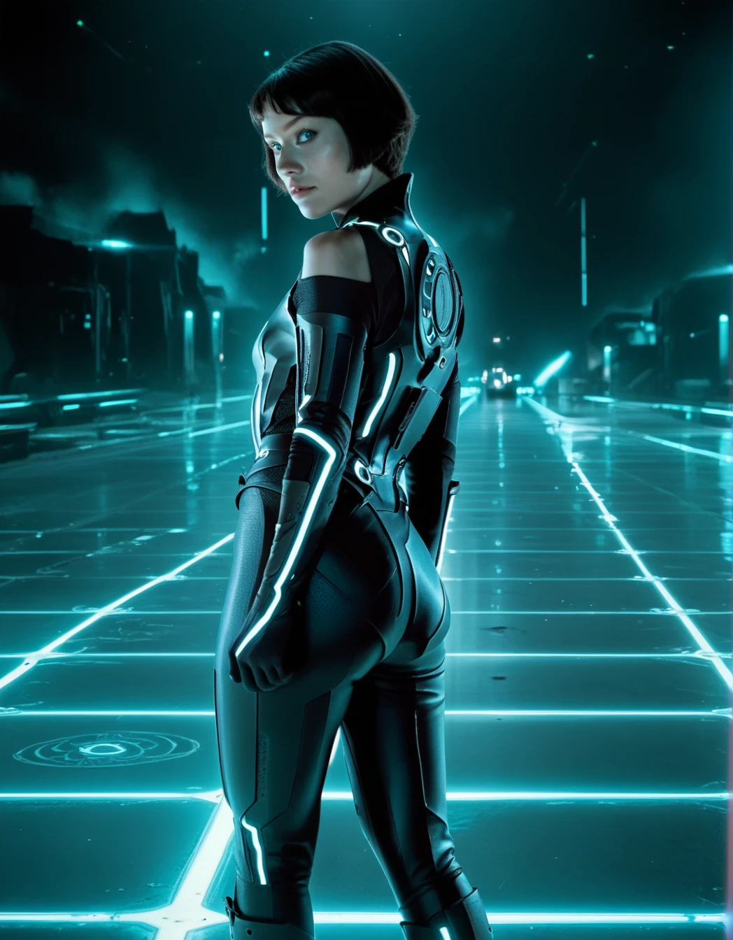 1girl, back view, bodysuit, looking at the viewer, neon, dark background, blue eyes, sexy body, short hair, big butt <lora:Quorra_Tron:1> quorra, score_9, score_8_up, score_7_up, score_6_up