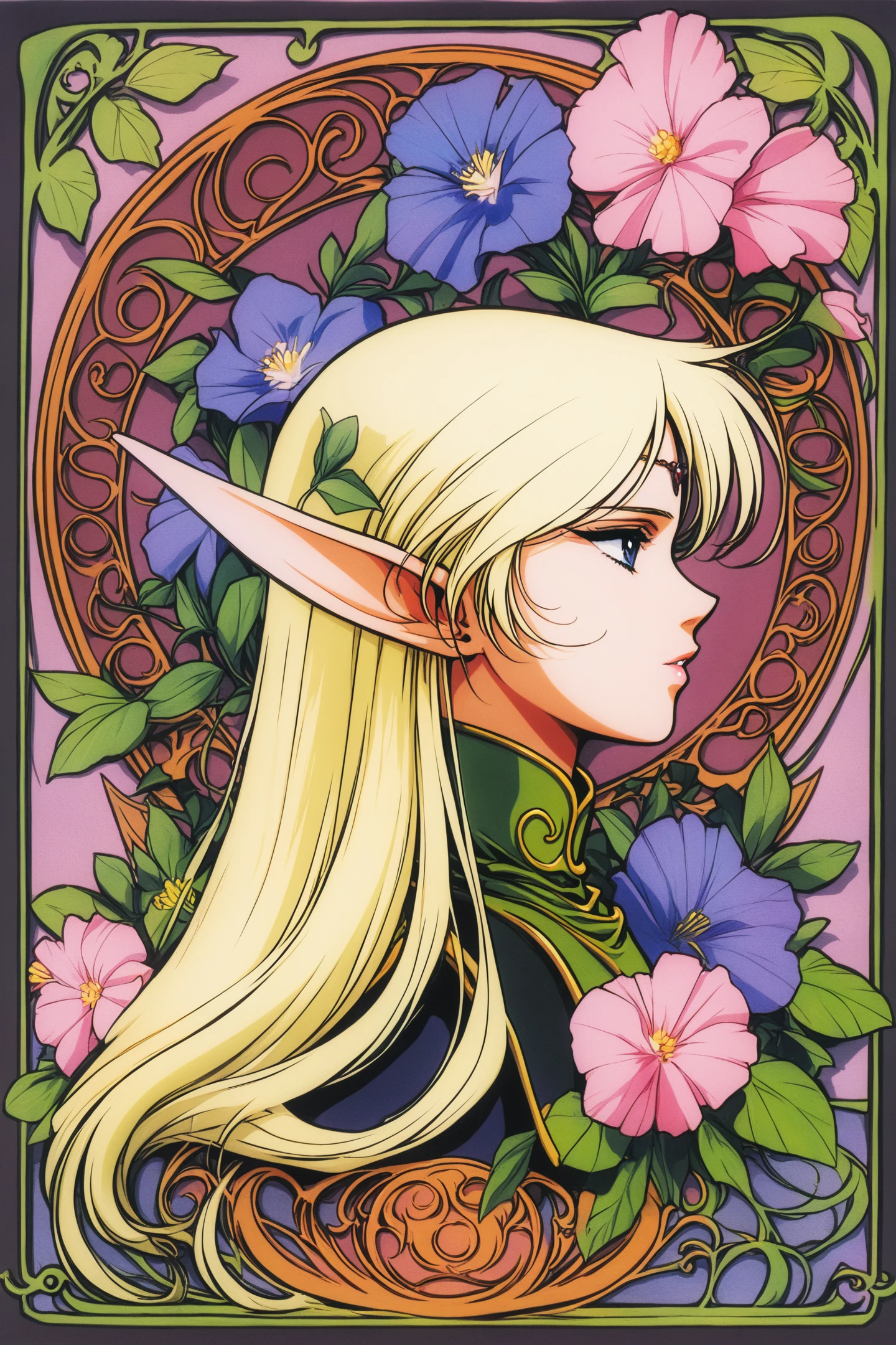 Deedlit,pointy ears,1girl,Deedlit,elf,blonde hair,long hair,solo,art nouveau,flower,profile,blue eyes,portrait,retro artstyle,traditional media,
<lora:yuuki nobuteru_illustriousXL:0.8>,