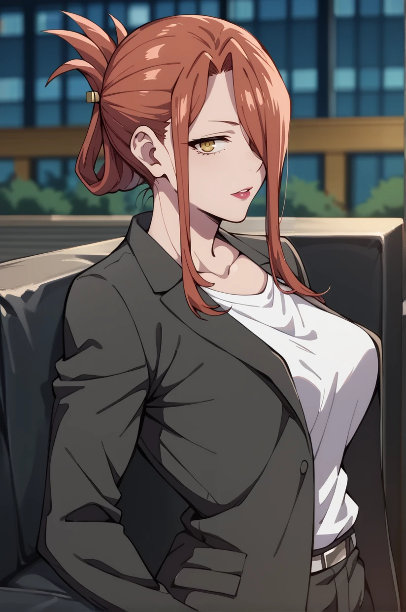 <lora:NikoHirata-09:1> NikoHirata, hair over one eye, folded ponytail, long hair, red hair, yellow eyes, large breasts, lipstick, parted lips, white shirt, solo, suit, black jacket, pant suit, looking at viewer, 16k, masterpiece, absurdes, highly detailed, highres, high quality, best quality, score_9, score_8_up, score_7_up, score_6_up