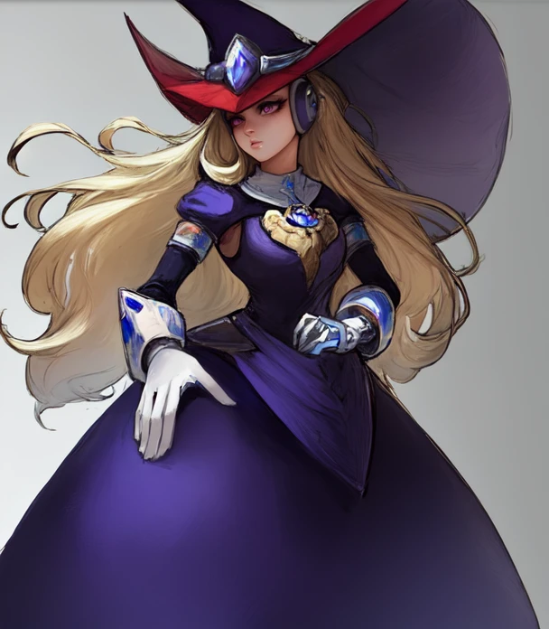 cowboy shot, solo, <lora:Berkana:0.8>, berkana, android, purple eyes, robot ears, blonde hair, long hair, helmet, witch hat, gem, dress, long dress, purple dress, white gloves, robot girl, robot, robot joints, highres, Digital art, trending on artstation, best quality, insanely detailed, masterpiece, stunning environment, wide-angle,