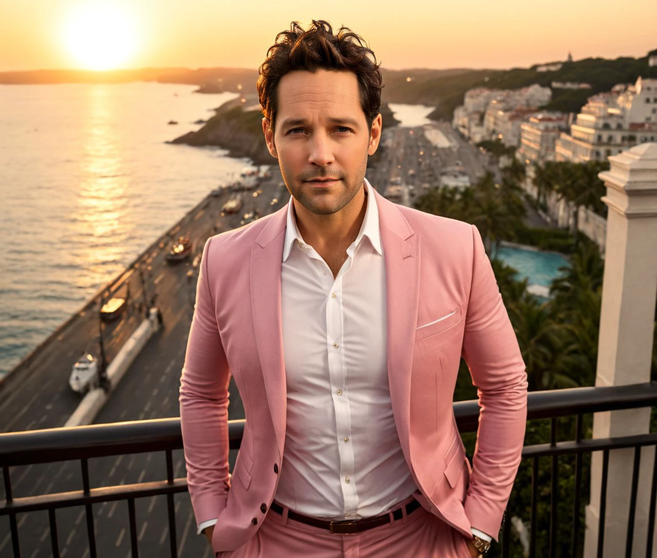 Nautical-themed (Photo:1.3) of (Ultrarealistic:1.3) <lora:Man_Men_FFashion:1> Paul Rudd a man <lora:Paul-Rudd-000001:1>, in a pink suit standing on a balcony, handsome man, attractive man, handsome male, sun behind him, inspired by Pablo Munoz Gomez, shot at golden hour, editorial photograph, midshot of a hunky, by Roman Bezpalkiv, by Artur Tarnowski, maxim sukharev, by Gabor Szikszai,Highly Detailed,(Mono Color:1.3) . Sea, ocean, ships, maritime, beach, marine life, highly detailed