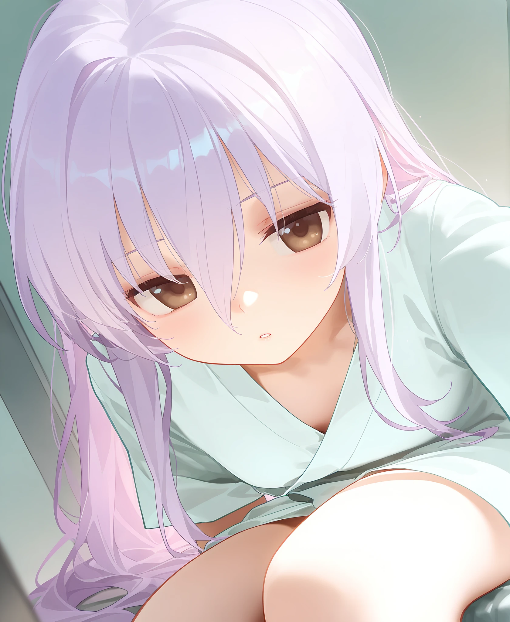 <lora:nyalia:0.7>,nyalia,(artist:tianliang duohe fangdongye:0.7),masterpiece,best quality,absurdres,very aesthetic,solo,1girl,lilac_hair,hair between eyes,very_long_hair,brown eyes,frontlight,hospital gown,<lora:Mayuki_NoobAI:0.9>,