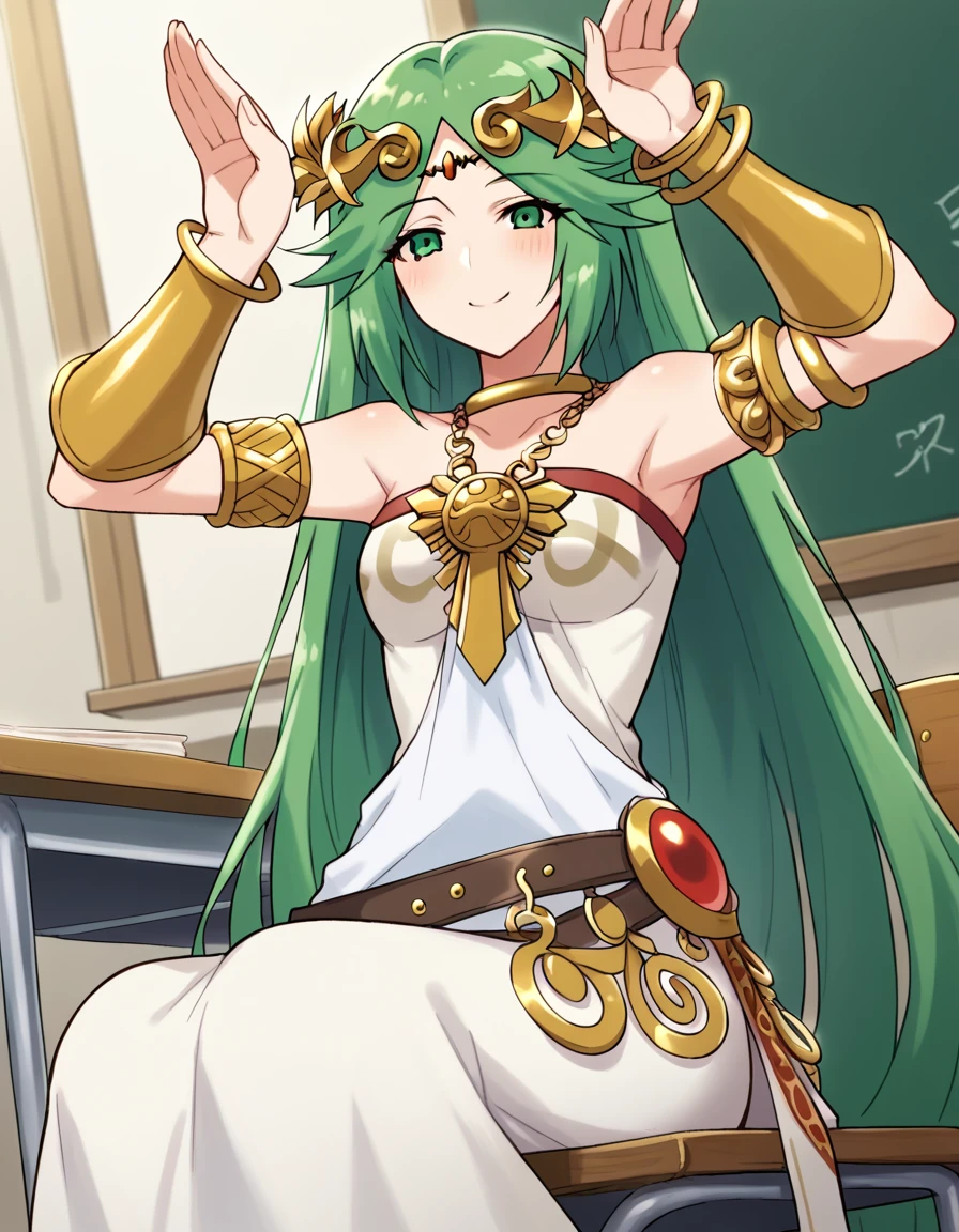 score_9, score_8_up, score_7_up, source_anime, <lora:palutena-trailer-ponyxl-lora-nochekaiser:1>, palutena, long hair, bangs, very long hair, green eyes, green hair, parted bangs,, dress, bare shoulders, jewelry, necklace, white dress, strapless, tiara, strapless dress, armlet, neck ring, gold,, classroom, chalkboard, daytime, studying, sitting, chair, desk, smile, <lora:rabbit-pose-ponyxl-lora-nochekaiser:1>, rabbit pose, smile, blush,, looking at viewer, solo,, dutch angle, cowboy shot