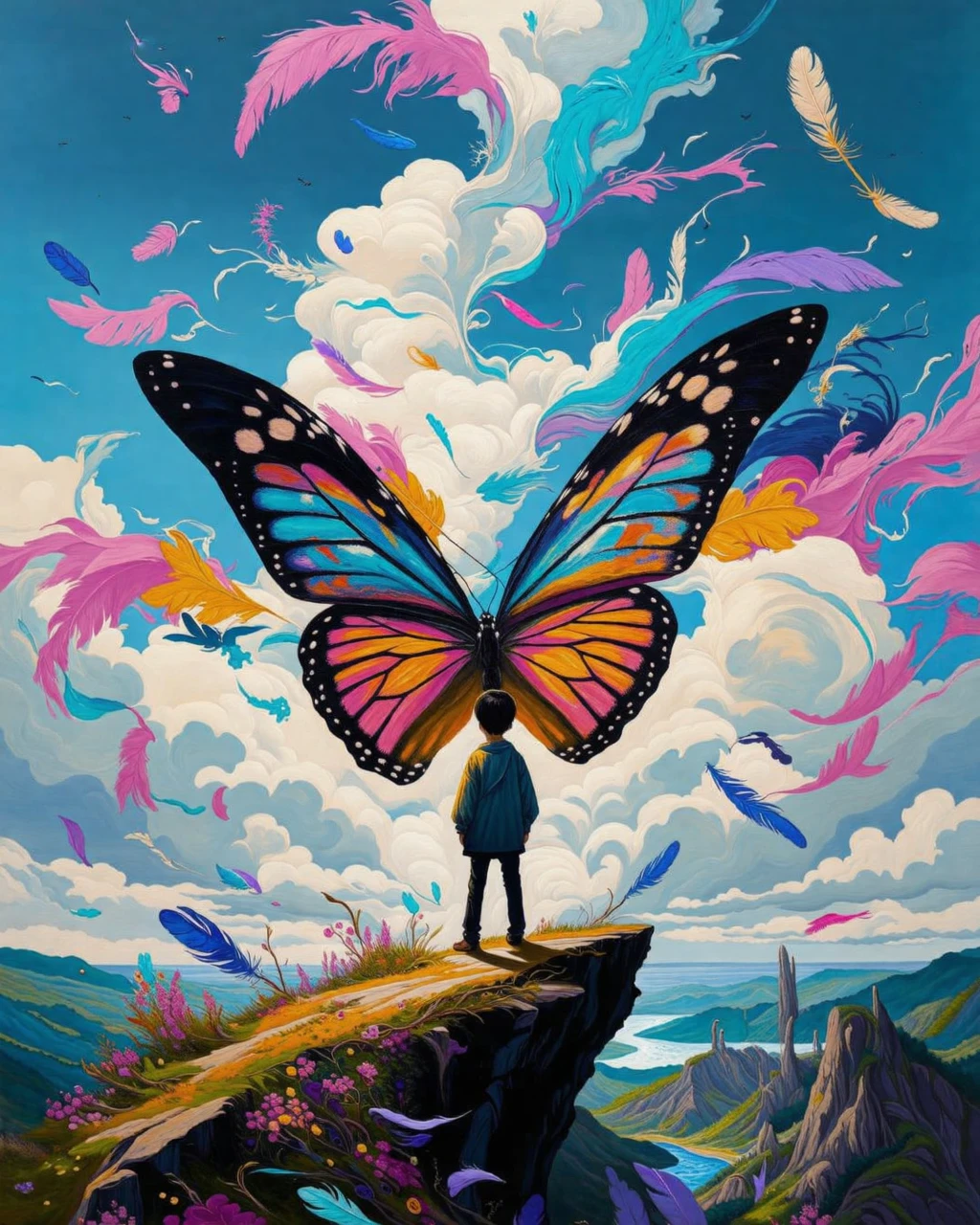 db4rz style, Person with butterfly wings, standing on a cliff edge, swirling colorful clouds behind, scattered feathers in the air, below is a landscape of floating islands