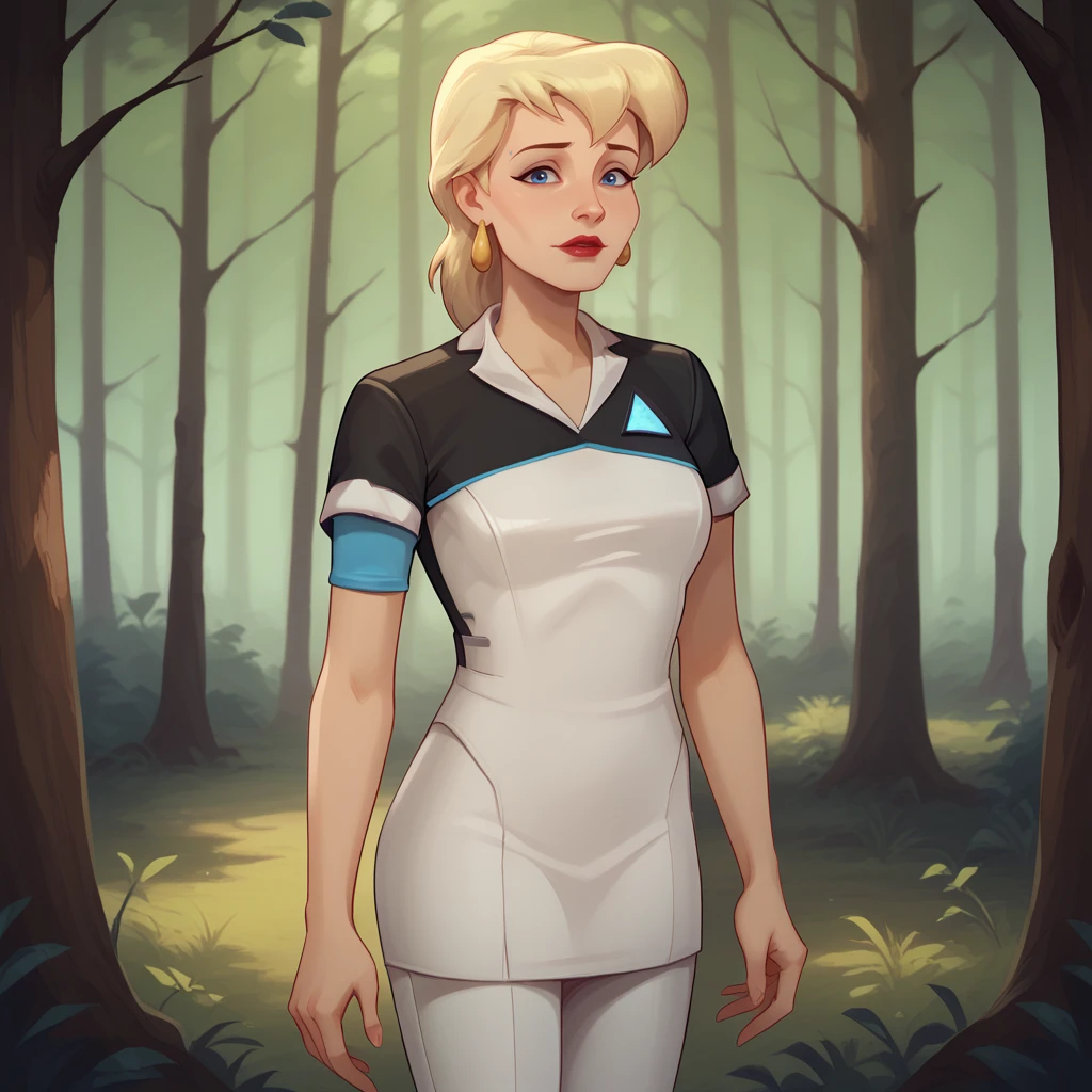 score_9_up, score_8_up, BREAK, MaxMom, 1girl, solo, blonde hair, blue eyes, lipstick, earrings, <lora:MaxMom_MightyMax_PXL_Leaf1:0.8>, HousekeeperOutfit, dress, short sleeves, white pants,  <lora:HousekeeperAndroidOutfit_DBH__PXL_Leaf5:1>, cowboy shot, forest, looking at viewer,