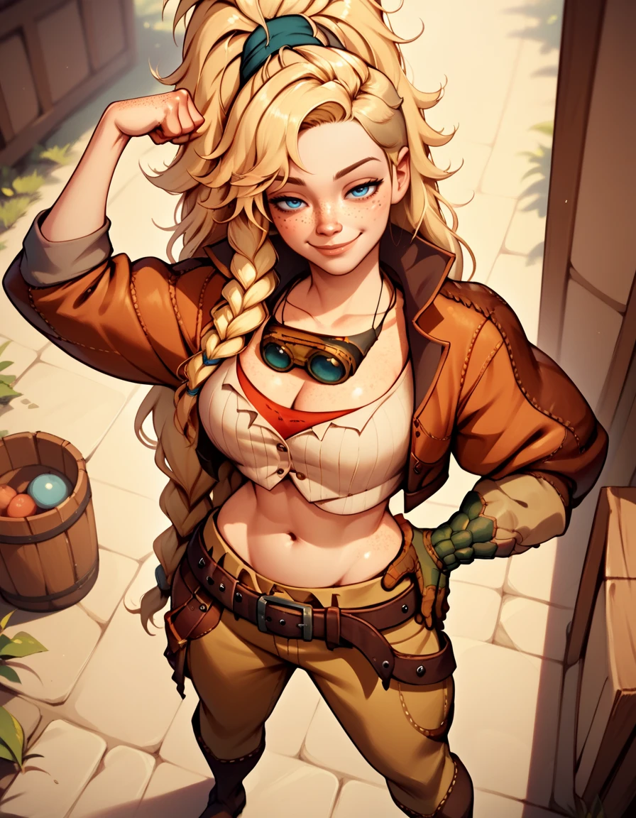 score_9, score_8_up, score_7_up,score_6_up, score_5_up, score_4_up , 1girl, solo,  
large breasts,
GemmaDG,
long hair, blonde hair, freckles, asymmetrical hair, blue eyes, 
cropped jacket, boots, belt, pants, crop top, open clothes, single glove,
from above, flexing, smug, half-closed eyes, hand on hip,
looking at viewer, 
 <lora:Gemma DG PXL v001-000003:0.90>