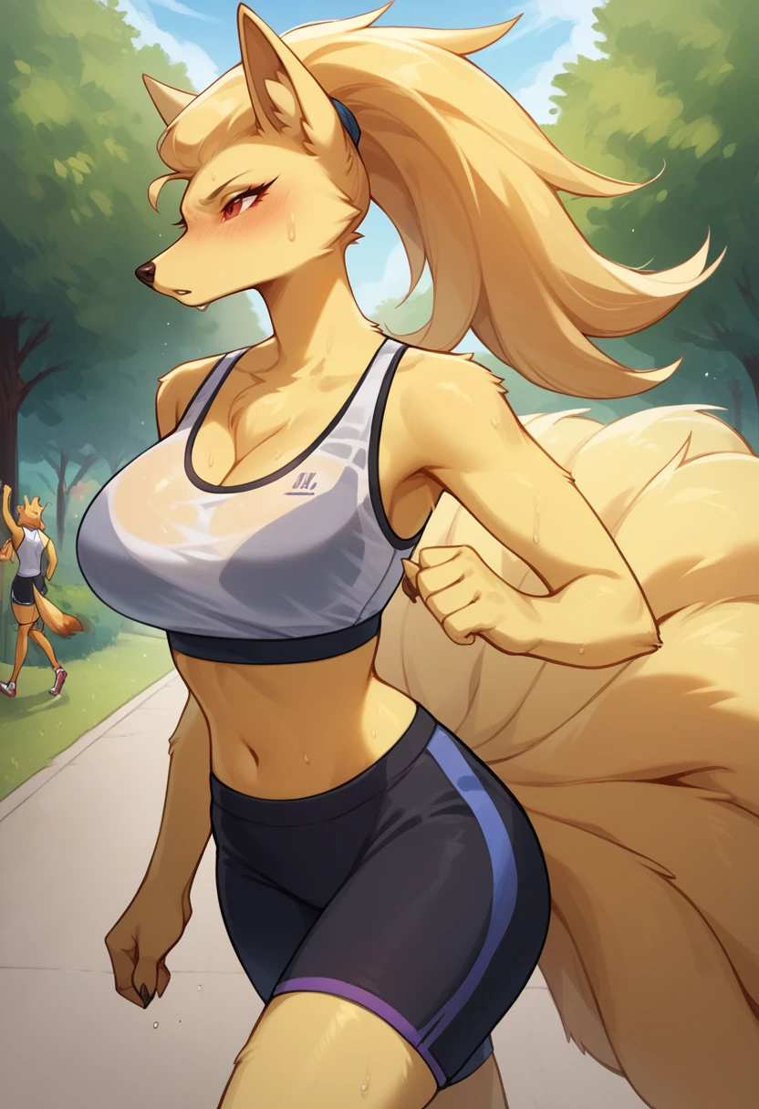 score_9, score_8_up, score_7_up,
((best quality)), absurdres,
<lora:NinetalesPXL:1> NinetalesPXL, hourglass figure, anthro, female, 1girl,
park, jogging, (sports bra, revealing shorts,translucent topwear), sweat, outdoors, half body portrait,
<lora:Smooth Anime Style LoRA XL:0.7> Smooth, Anime, <lora:Expressive_H:1> Expressiveh,