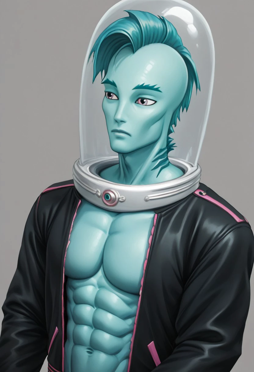 Gil Webber G1, Blue skin, Fish man, sea Monster, abs, white iris, Gills, dark cyan fin hair, Mohawk, sharp cheek bones, Male, Jacket, Tank Helmet, muscular, big pecs, jacket undone, shirtless, solo