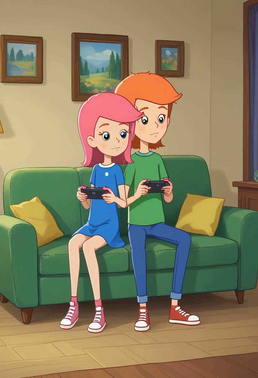 skinny, shorty, undersized, full body,  couple of characters, prostokvashino, slender  boy with short orange hair, petite undersized shorty girl with pink hair, fyodor and pink olya, boy in blue pants and green shirt, and girl in blue slip sundress, sneakers, flat chested shorter girl, at living room  background, close view, couple sitting on green sofa against tv, couple playing in game console, holding gamepad in hands