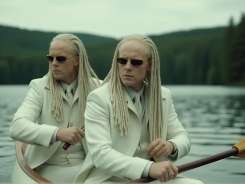 Matrix Twins are two pale men with sunglasses and white suit and are paddling in a canoe on a lake<lora:Matrix_Twins:0.9>