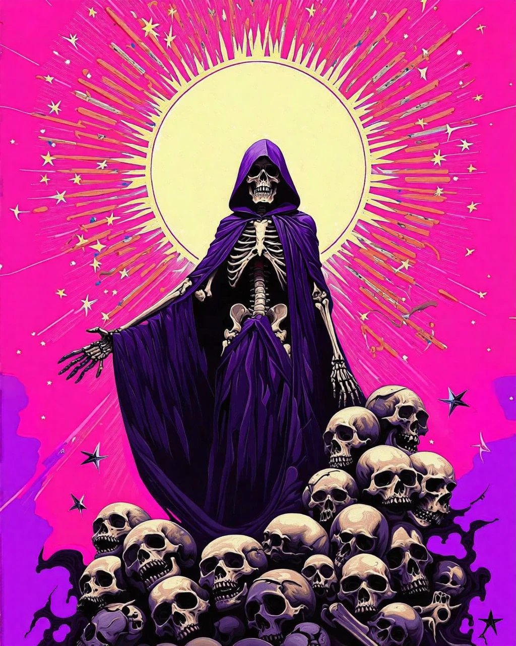 db4rz style, hooded skeleton figure, dark cloak, numerous skulls, outstretched hand, radiant halo, pink and purple background, scattered stars
