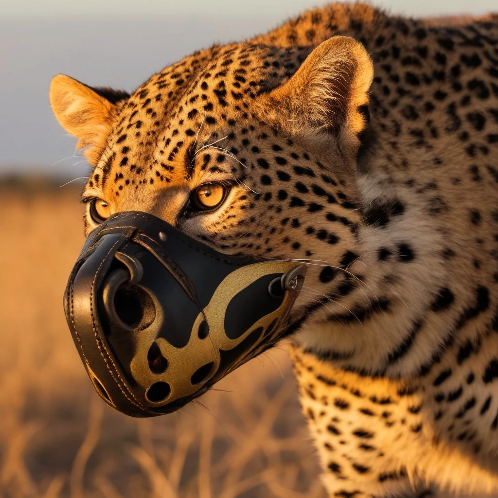 photo of a stalking leopard wearing a black leather muzzle <lora:K9-muzzle:1>, seen from the side, on the savanna, golden hour