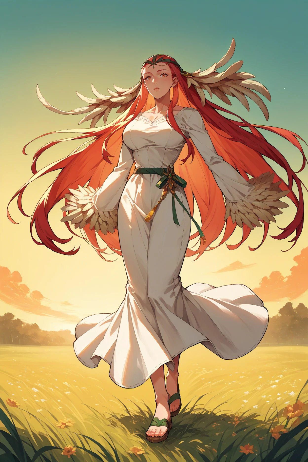 score_9, score_8_up, score_7_up, score_6_up, source_anime, 1girl, solo, <lora:feashera-pdxl-nvwls-v1-000005:1> ashera, red hair, very long hair, feather hair ornament, circlet, big breasts, white dress, sundress, sandals, wide shot, field, sunset, body