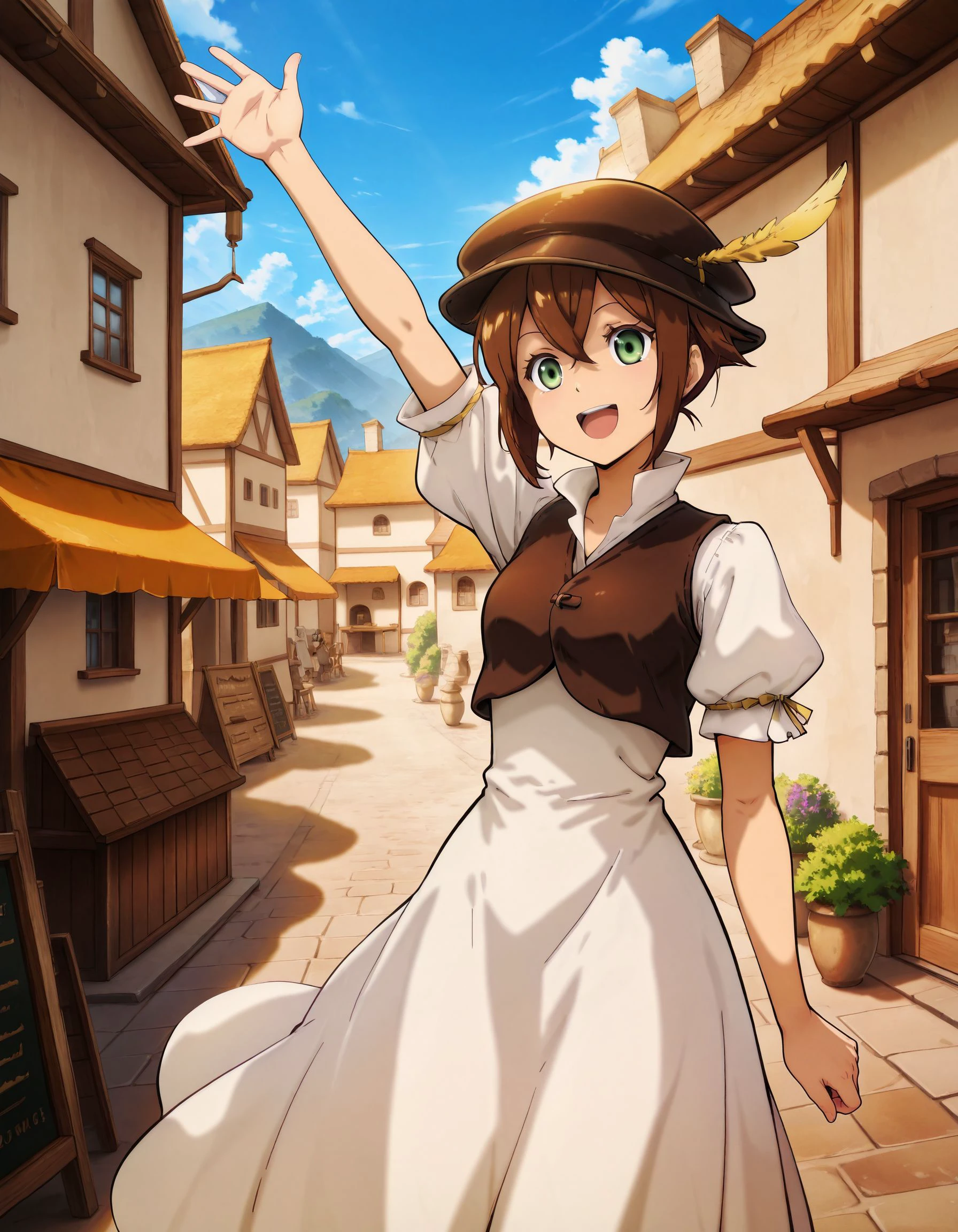 masterpiece,best_quality,anime coloring,1girl,solo,<lora:tressa colzione_illustriousXL:0.8>,tressa colzione,hat,hat feather,vest,dress,cowboy shot,standing,smile,open mouth,arm up,shop,counter,village,