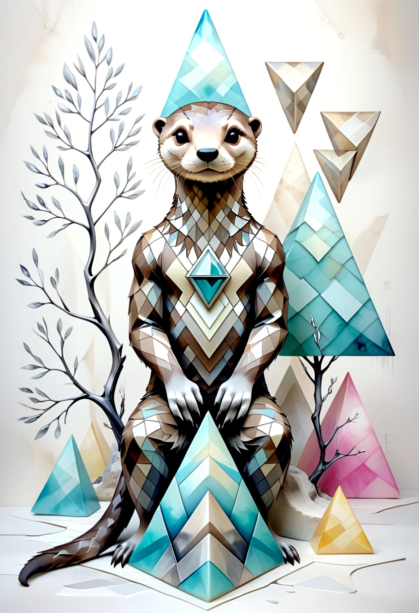 geometric animal print, otter, pyramids, encaustic, cashmere, brutalism style, Branching Patterns, pastel palette, diamond pattern, analog grain effect, silver highlights accents, abstract, fabric weave texture, brushed finish <lora:artfully_ANIMIST:0.8>, alcohol ink, surrealism style, geometric animal print, abstract animal print