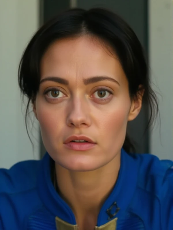 Lucy wears a blue jumpsuit with some yellow marks. She has dark hair attached in the back. closeup face portrait. Professional photography  <lora:Lucy:0.9>