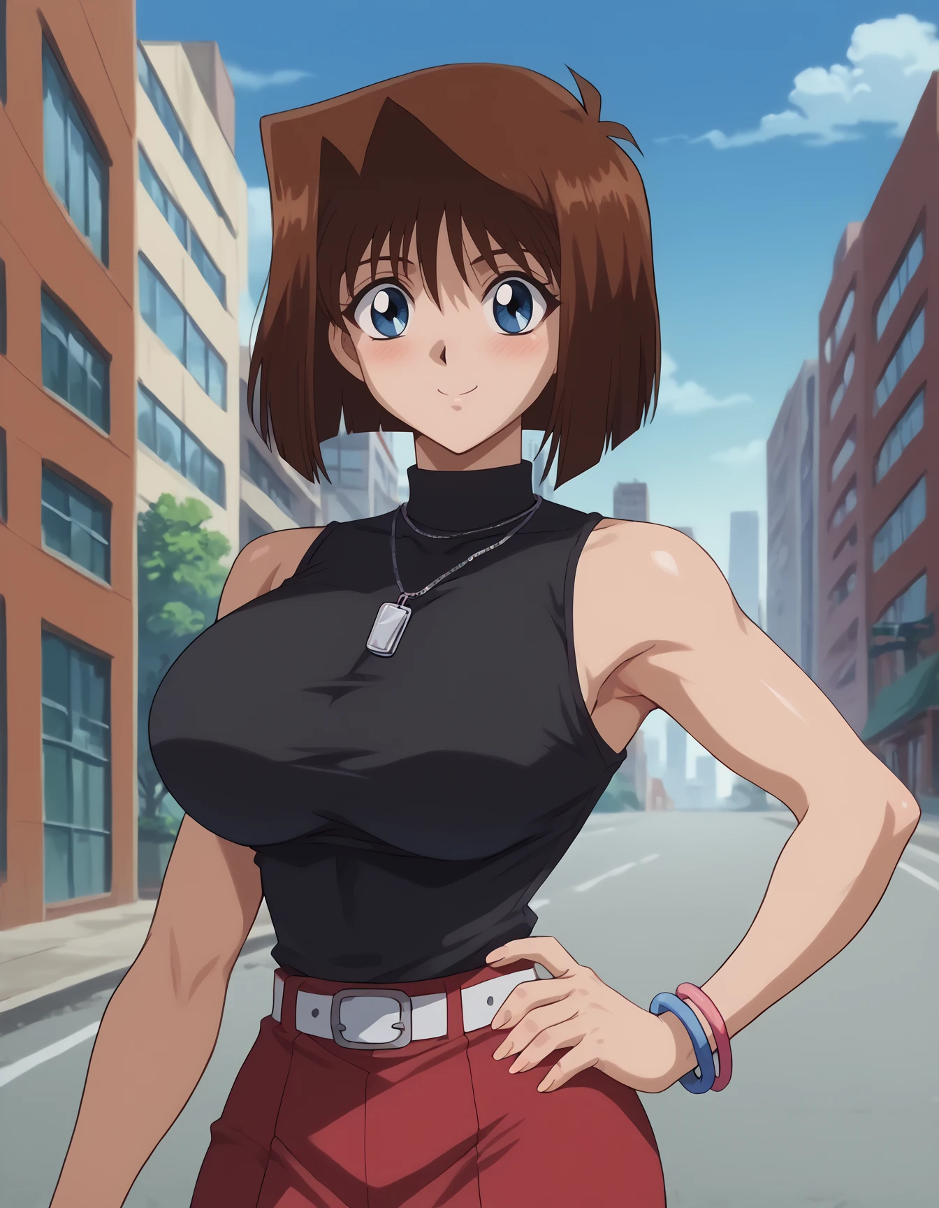 <lora:Anzu_MazakiPonyXL:0.7>, score_9, score_8_up, score_7_up, score_6_up, source_anime,  anime screencap, BREAK, uncensored,  brown hair, short hair, blue eyes, athletic sexy body, slim waist, huge breasts, anzumazakispe, black turtleneck shirt  sleeveless, red skirt, white belt, dog tag necklace,  outdoors, city, sky, blush, smile, bracelets,  one hand on hip, <lora:Anime_Screencap:1>,  <lora:PerfectEyesXL:1>,  <lora:thicc_v1.4-pony:1>, upper body, curvy, voluptuous